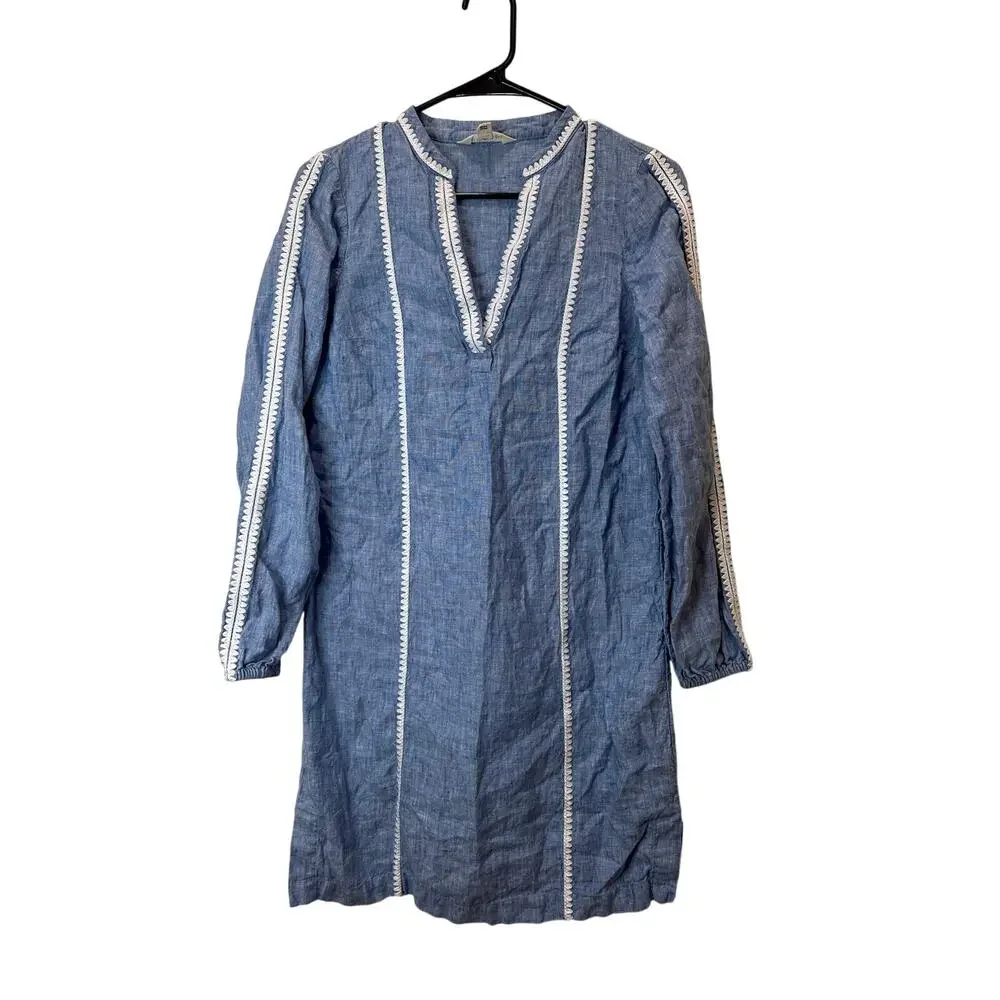 Boden Sz 2 Cleo Linen Dress Blue Chambray Embroidery - Nice, No Belt - Picture 2 of 6
